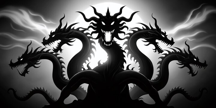Silhouette Hydra Mythology Monster: Dark Fantasy Art, Black Graphic, Legendary Creature
