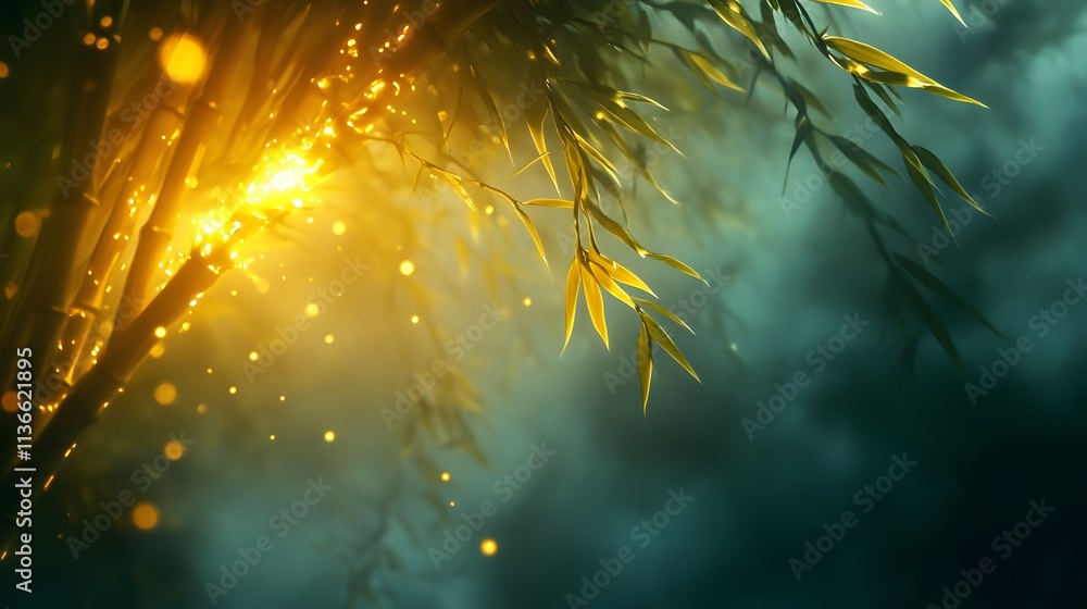 Poster Ethereal Bamboo Forest with Golden Light and Magical Glow, Creating a Dreamy Atmosphere in a Mystical Environment Filled with Soft Hues and Serenity