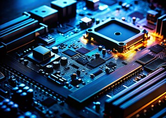Fototapeta premium Silhouette Motherboard Closeup - Tech Photography, Electronic Circuit Board, Computer Hardware, PC Components, Dark Background