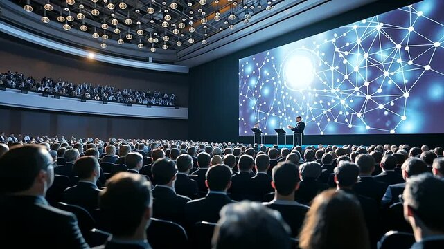 Corporate Conference Attendees Listening to Speaker in Event Hall