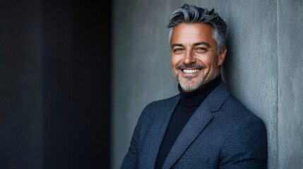 Fototapeta premium Smiling businessman with grey hair and beard, wearing a suit and turtleneck, leaning against a concrete wall in a portrait