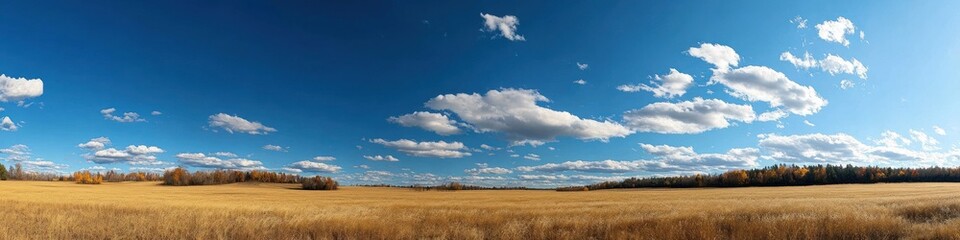 Obraz premium Autumn landscape with golden field, colorful forest, and a clear blue sky with scattered clouds