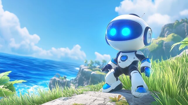 Little Astro Bot Exploring a Vibrant Coastal Landscape Under a Bright Blue Sky and Soft Clouds