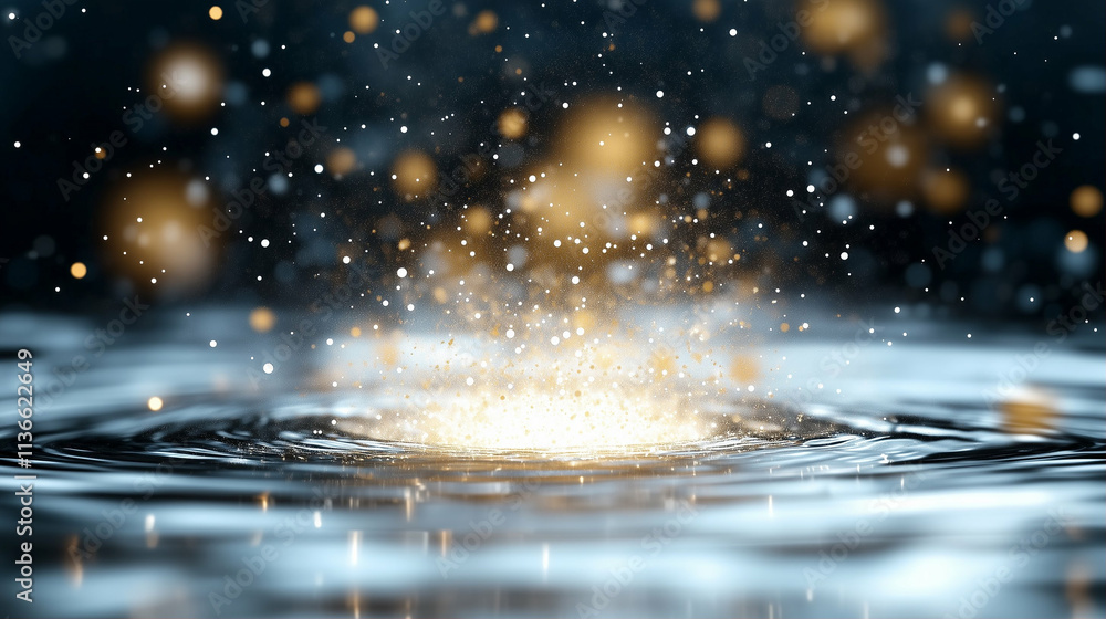 Poster Water splash creating ripples with shimmering droplets and golden bokeh background effect