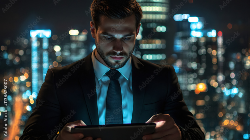 Poster focused businessman working late using digital tablet with illuminated cityscape in background