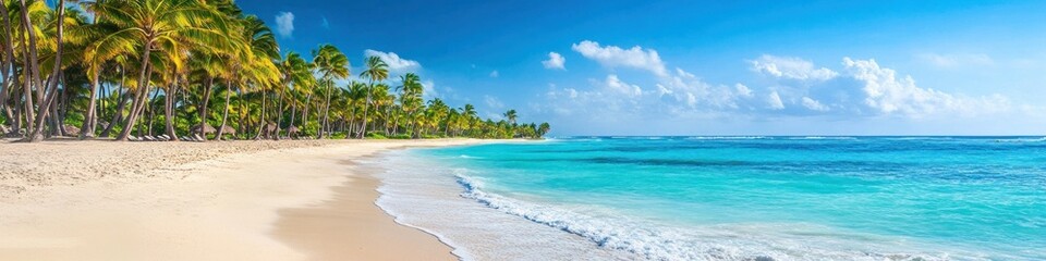 Panoramic view of a tropical beach with turquoise water, white sand, and palm trees under a bright blue sky