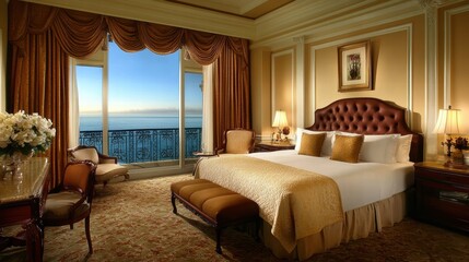 luxurious ocean view hotel suite bedroom