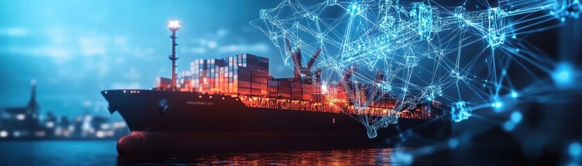 Fototapeta premium A modern cargo ship illuminated at night, with vibrant blue technological connections.