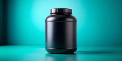 Sleek Black Protein Powder Bottle, Turquoise Background, Fitness Supplement, Health Product Photography