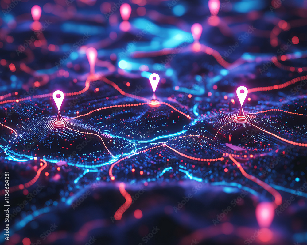 Poster visual representation of smart city with glowing network connections and markers