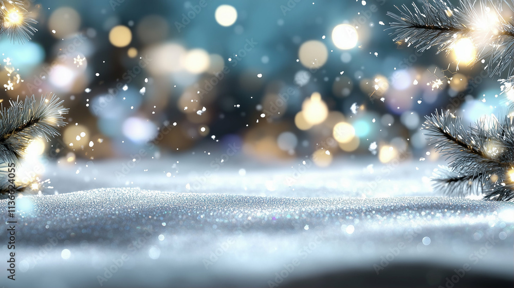 Poster snow with light bokeh in winter scene with holiday lights creating a magical atmosphere