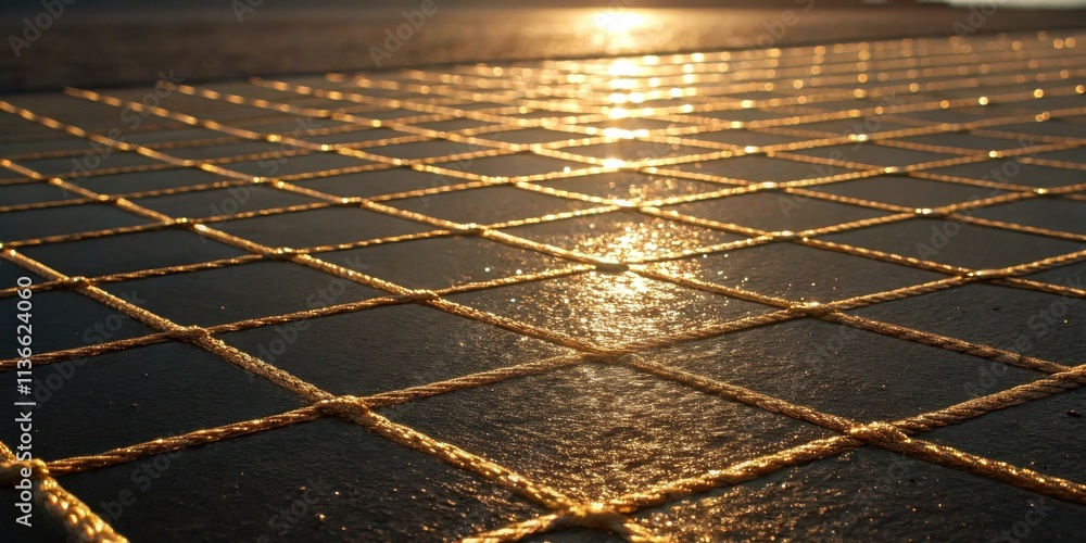 Wall mural a close-up view of a woven rope net laid across a textured surface, illuminated by the warm glow of 