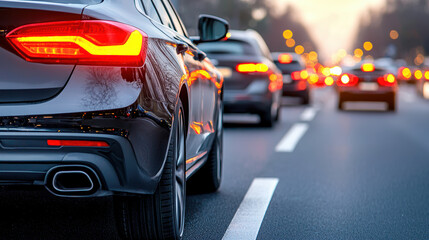 Traffic jam at sunset with cars and bokeh lights creating vibrant scene