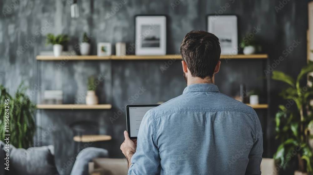 Poster man sitting in front of computer in modern home office