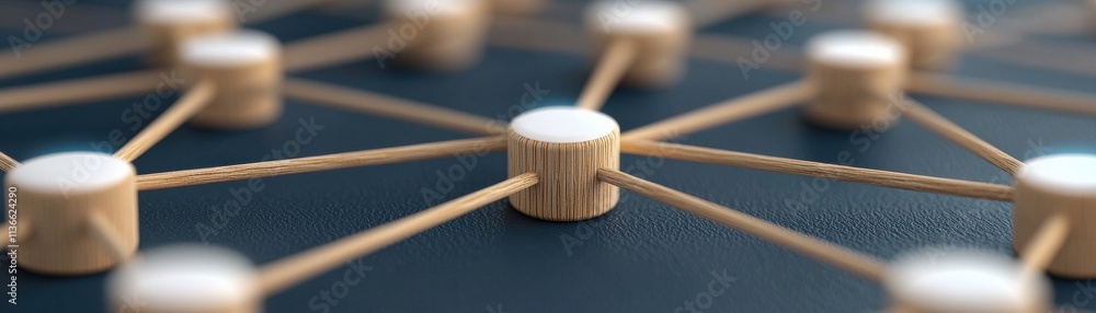Poster a close-up view of interconnected wooden rods and nodes, illustrating a network or communication mod