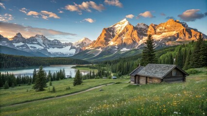A rustic cabin nestled amidst a serene mountain lake, surrounded by verdant meadows and snow-capped peaks under a breathtaking sunrise sky.