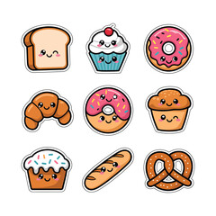 Cute cartoon food icons including a slice of bread, cupcake, donut, croissant, muffin, and pretzel.
