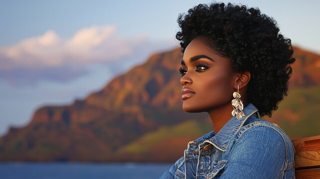 Woman Enjoying Sunset by Ocean in Denim Jacket Scenic Landscape Inspirational Viewpoint