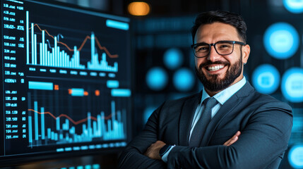 Fototapeta premium confident business consultant stands in front of data analytics screens, showcasing expertise and professionalism