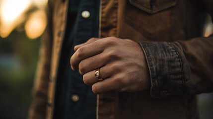 Hand holding ring during sunset in outdoor setting with warm colors and soft lighting