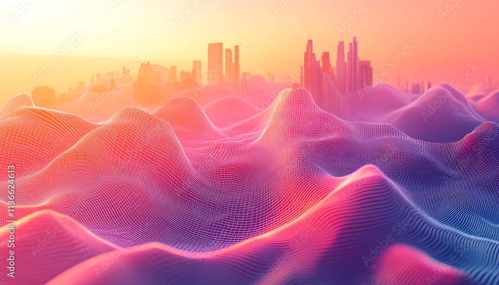 Poster aesthetic wave patterns representing data flow in futuristic cityscape