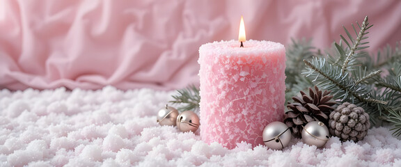 "Elegant frosty pink candle on a rich velvet backdrop, accented with silver and gold bells and miniature pine cones for a festive touch."