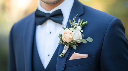 Groom's elegant tuxedo with boutonniere at outdoor wedding ceremony