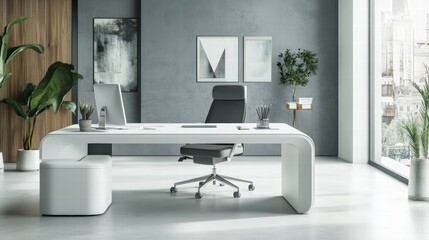 Fototapeta premium modern white office desk with ergonomic chair and plants