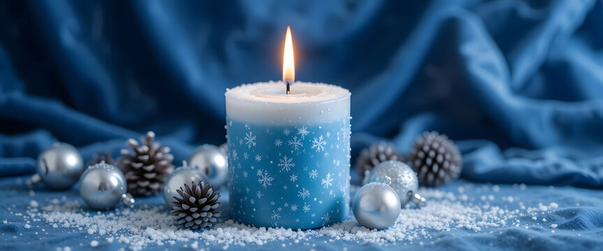 "Elegant frosty blue candle on a rich velvet backdrop, accented with silver and gold bells and miniature pine cones for a festive touch."