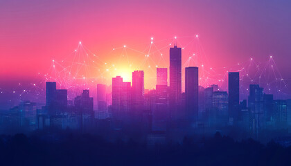 Fototapeta premium Smart city skyline with abstract connections and vibrant sunset hues