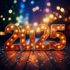 letras de 3d de año nuevo 2025 con luces y fondo desenfocado; diseño festivo con todos coloridos y letras doradas