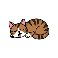 A cute tabby cat curled up and sleeping peacefully, with its paws tucked in and a content expression on its face