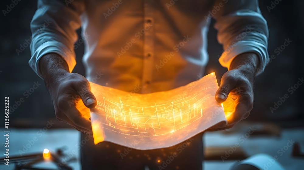 Poster hands holding a glowing architectural blueprint with intricate designs and bright light effects agai