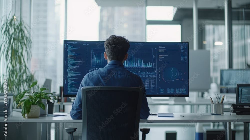 Poster data analyst examining complex financial charts on multiple monitors