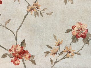 Close up vintage printed wallpaper illustration of red carnation flowers with its branches and leaves, with blue birds standing on them. Vintage chinoiserie wallpaper seamless background texture. 