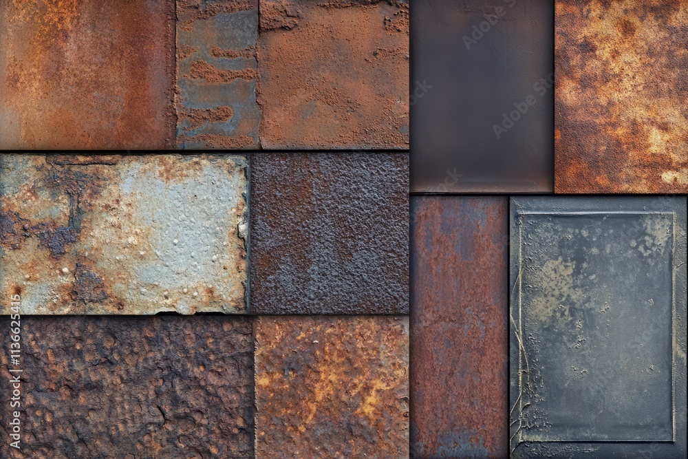 Aufkleber rusted metal surfaces texture featuring a variety of colors and patterns in a grid layout showcasing