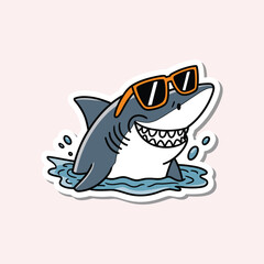 A cartoon shark wearing sunglasses and swimming in the water