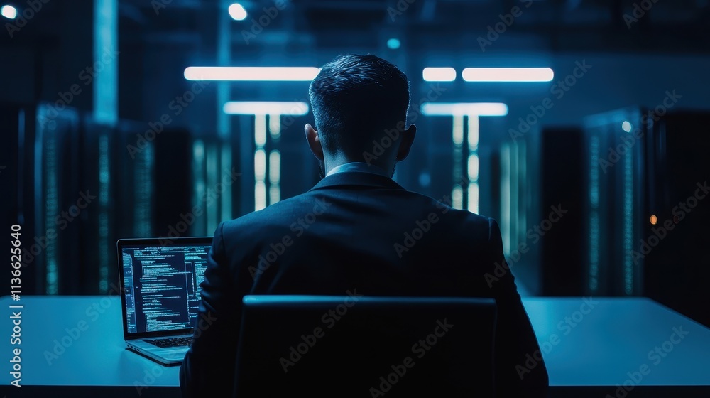 Poster cybersecurity professional analyzing data in server room