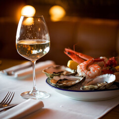 A photo of a close-up shot of a table in a cozy restaurant. There is a glass of white wine in the foreground, next to a plate of appetizing seafood