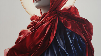 An art piece inspired by the uploaded image, featuring a divine figure draped in crimson red and sapphire blue garments, with a glowing halo radiating warmth. The white background accentuates the subj
