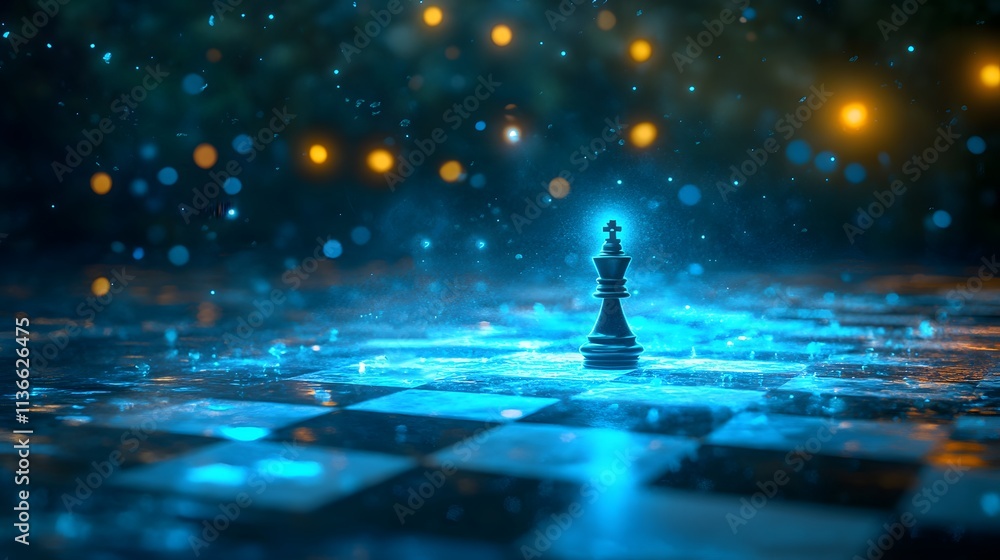 Poster Surreal Chess Scene with a Glowing King Piece on a Reflective Board Surrounded by Enchanting Bokeh Lights and Soft Particles in the Atmosphere