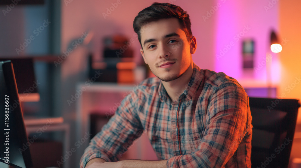 Poster Young programmer happily working late into the night in a vibrant, modern office filled with colorful lights