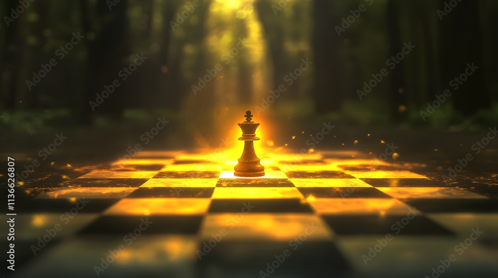 Poster majestic chess piece illuminated by soft golden light on a checkerboard in a dreamy forest setting, 