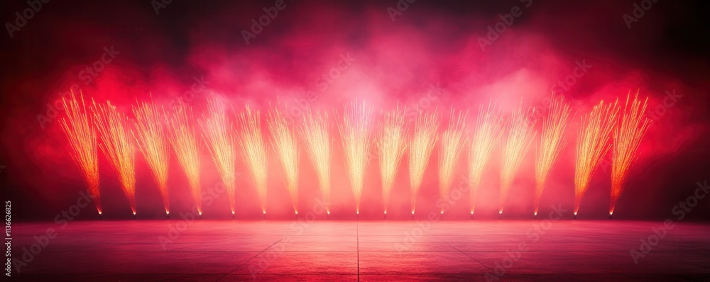 Poster a vibrant display of red fireworks illuminating a dark stage, creating a dramatic atmosphere.