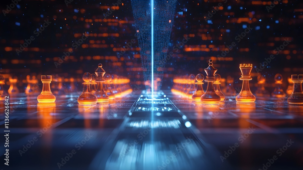 Poster Futuristic Chess Game with Glowing Pieces and Digital Background Representing Strategy, Technology, and Intelligent Gameplay in a Virtual World