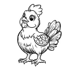 Coloring page with a chicken. Black and white illustration with a chicken. Printable sheet
