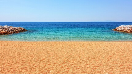 Obraz premium Tranquil Beach Scene Sunny Coastline Natural Landscape Serene Environment Wide Angle View Coastal Relaxation