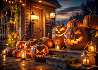 Fototapeta premium Spooky Halloween Jack-o'-Lantern Porch Light Portrait Photography - Autumn Night Scene