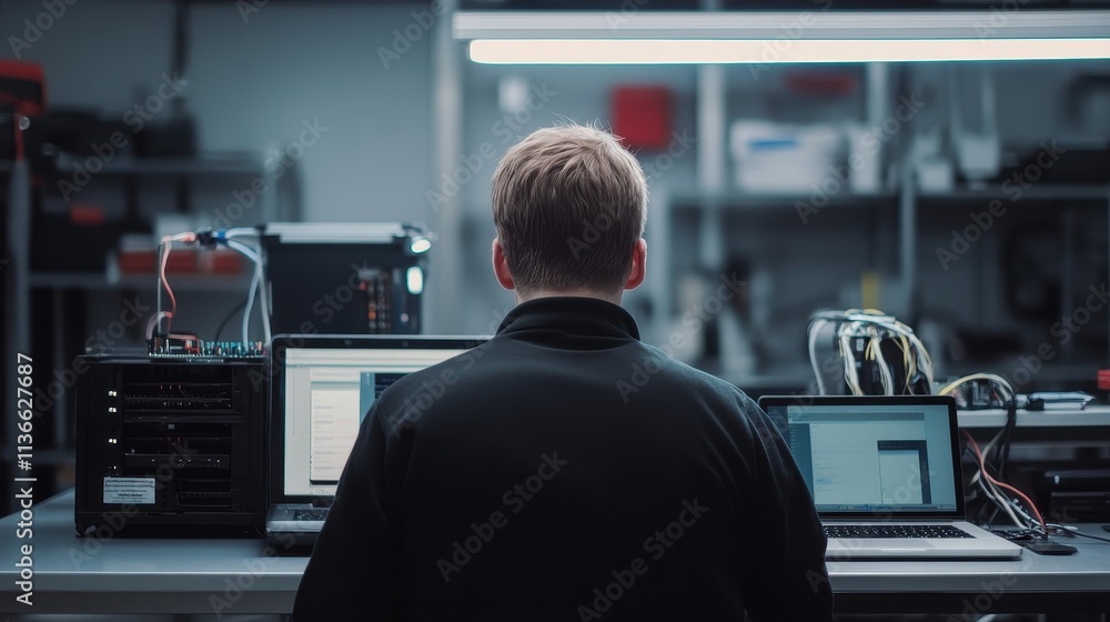 Poster focused computer programmer in dark office environment