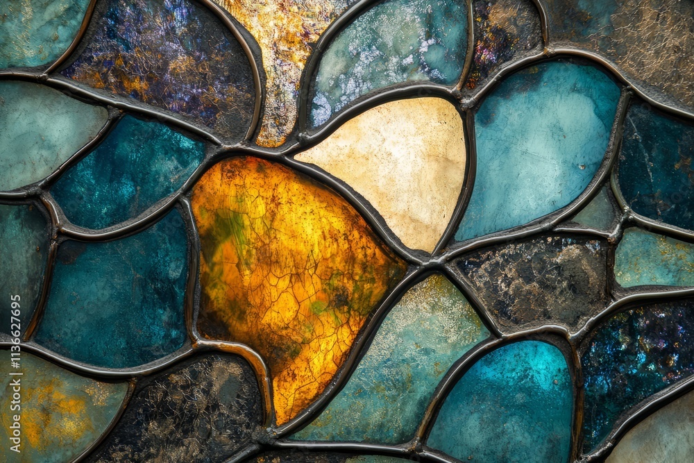 Poster beautiful stained glass texture with intricate patina effects capturing a blend of vibrant colors an